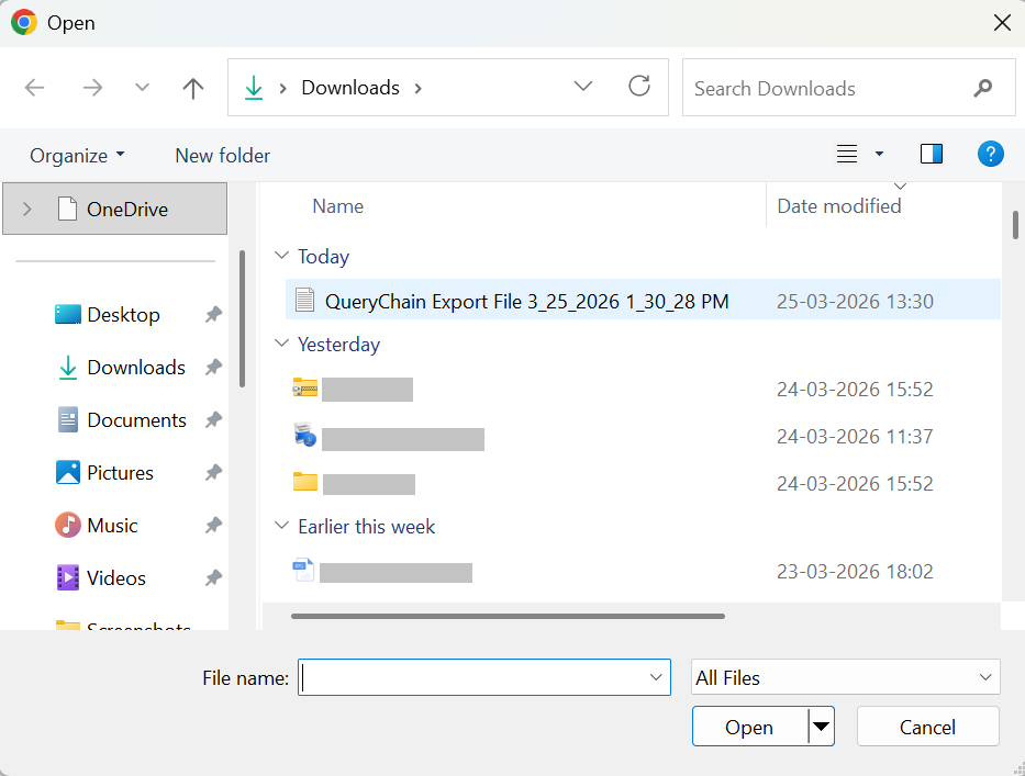 Open File to select the export file