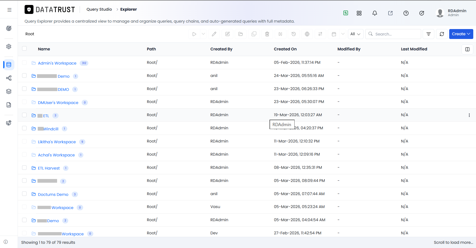 Query Explorer page listing folders and queries