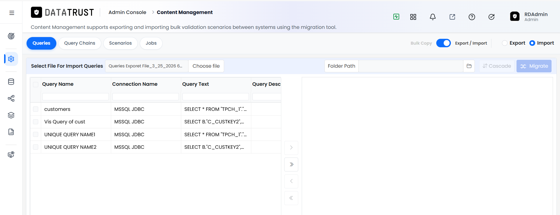 Import shuttle panel with queries loaded in left panel