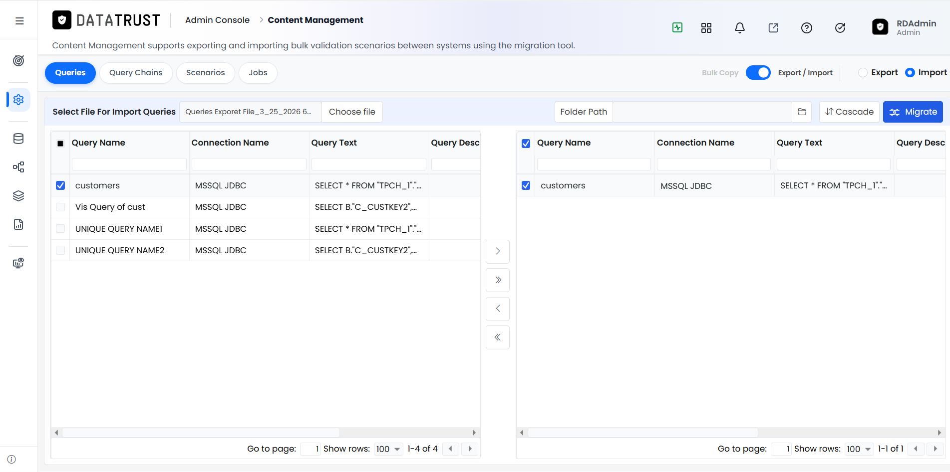 Deselected queries view