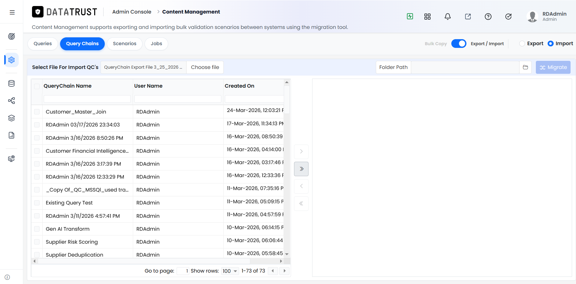 Select All button moves all Query Chains to right panel
