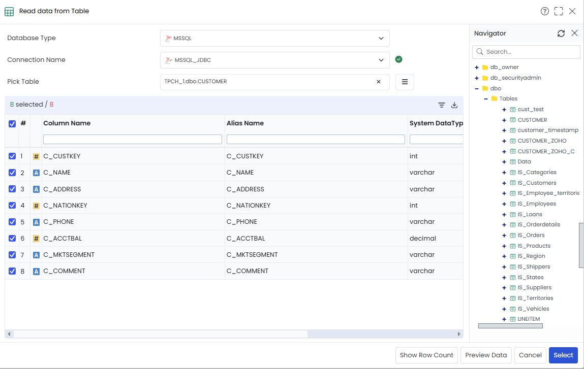Select table and click pn Select button