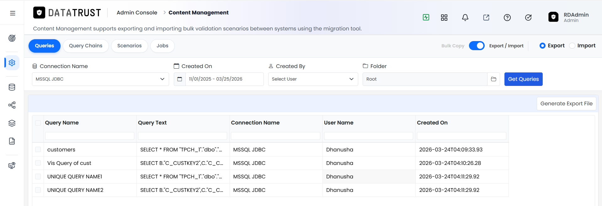 Generate Export File button