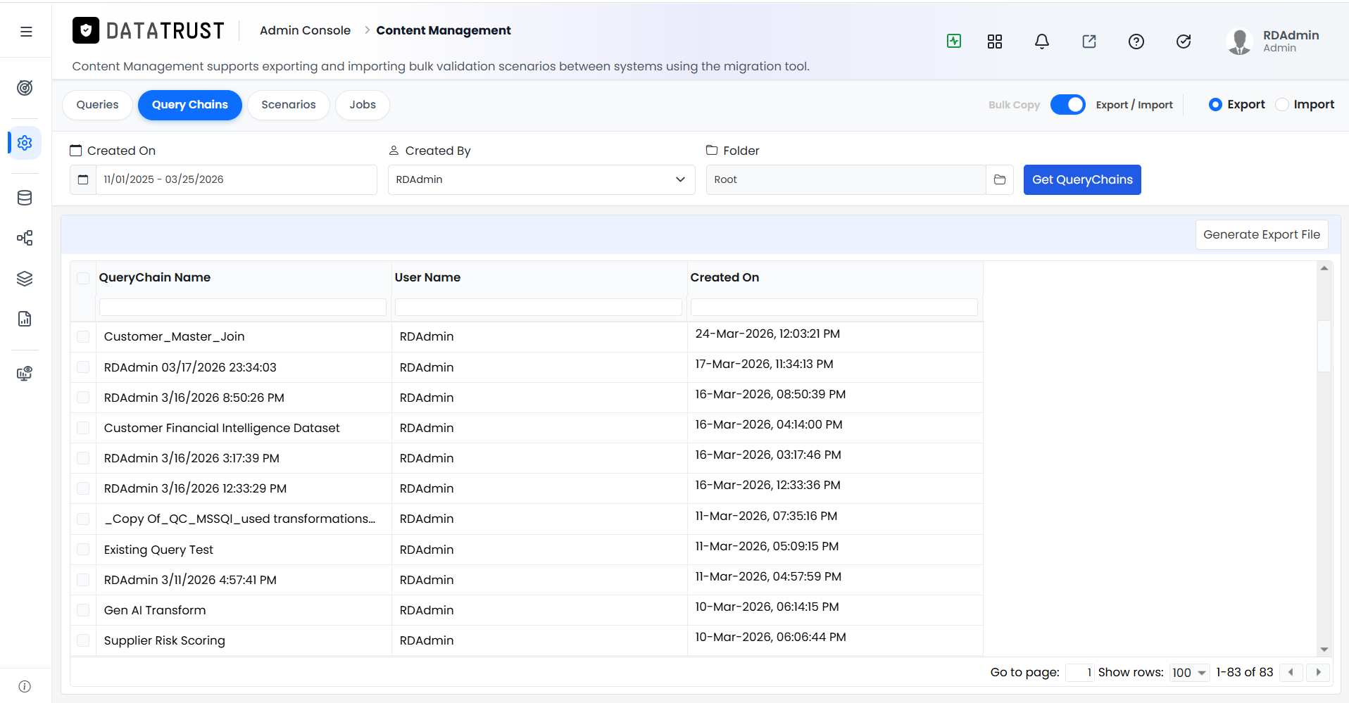 Select All checked and Generate Export File clicked