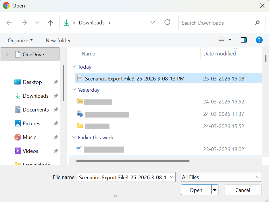 Open File popup for import