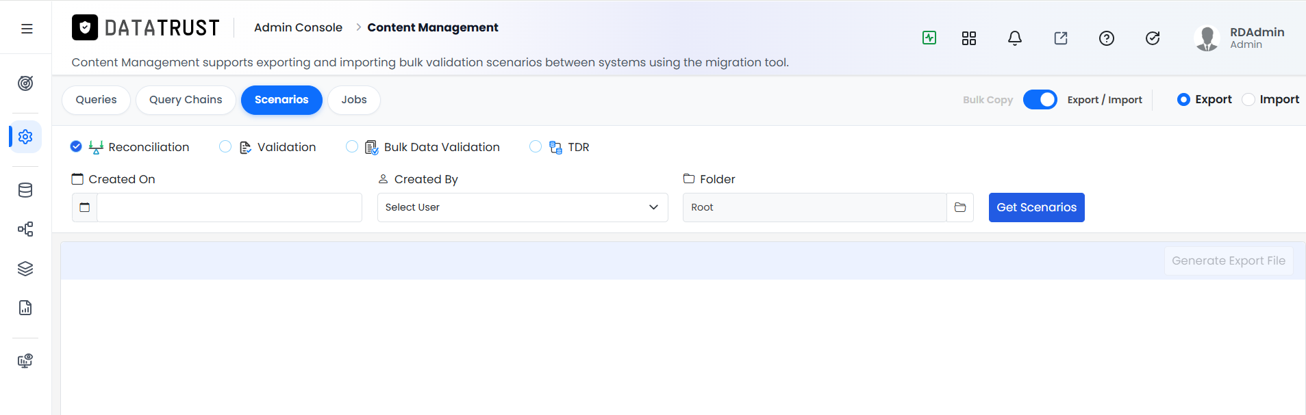Scenarios tab selected with Reconciliation radio button