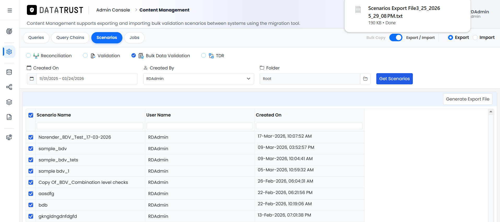 Export file downloaded successfully