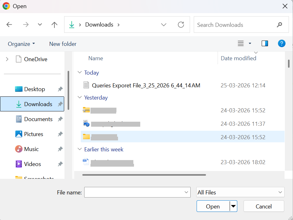 Open File popup to select export file