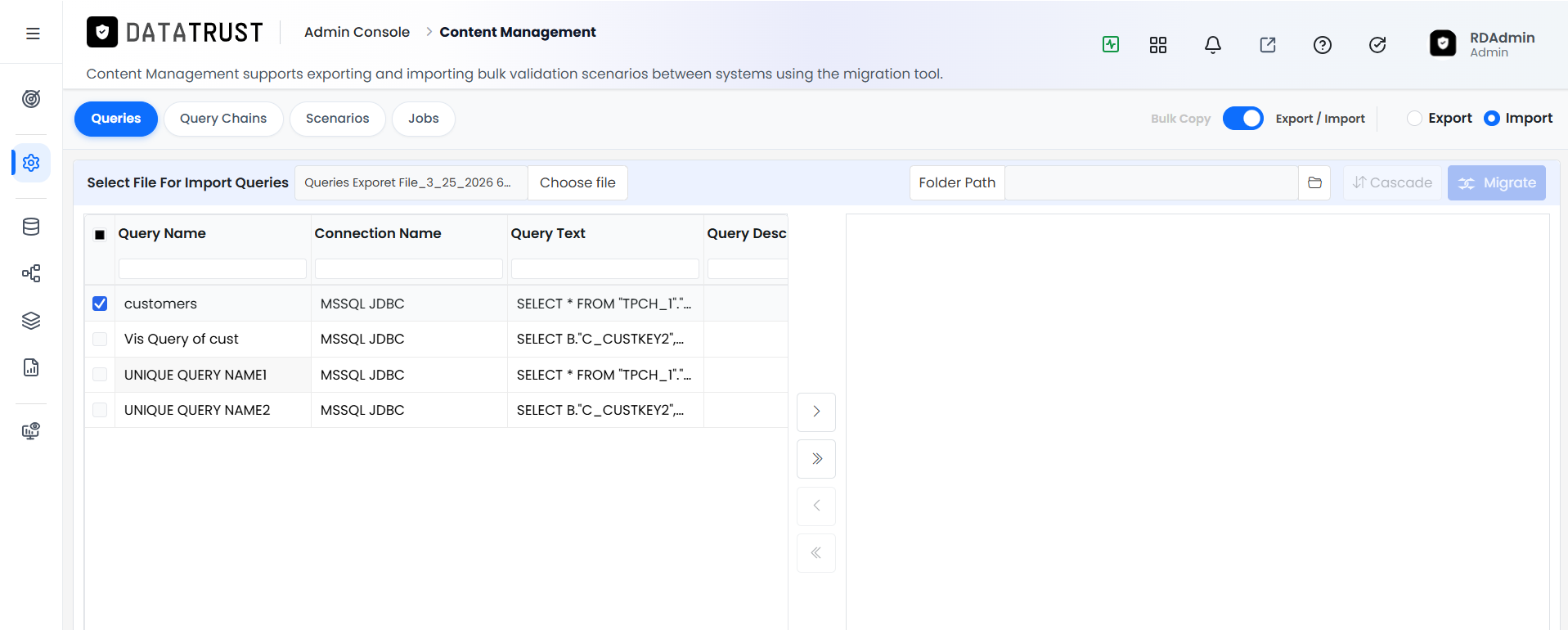Import Selected button moving queries to right panel