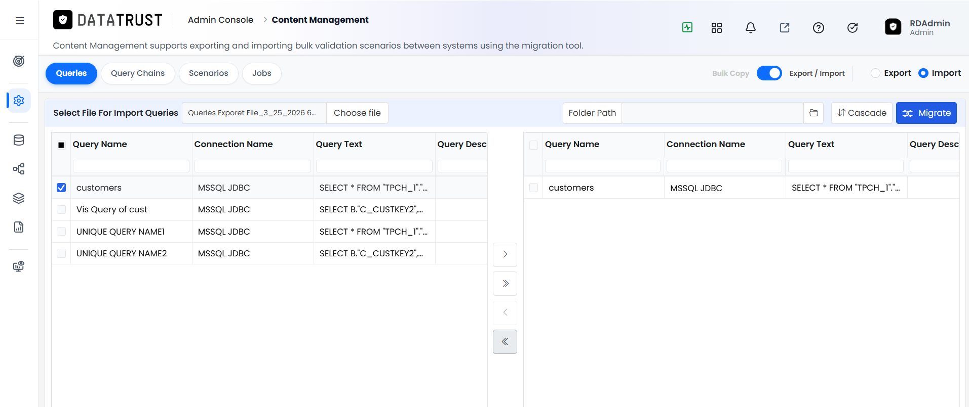 Deselect button removing queries from right panel
