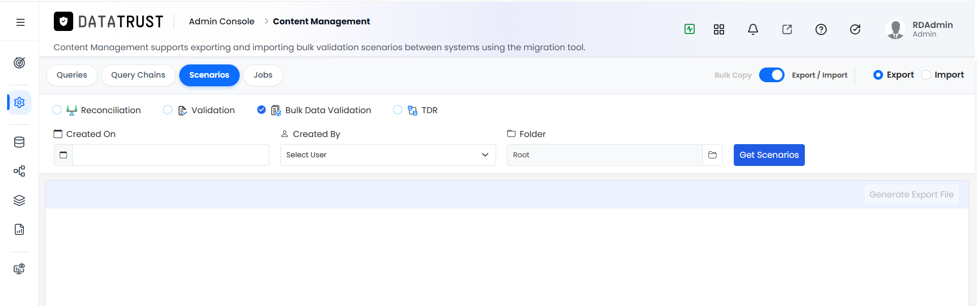 Bulk Data Validation radio button selected