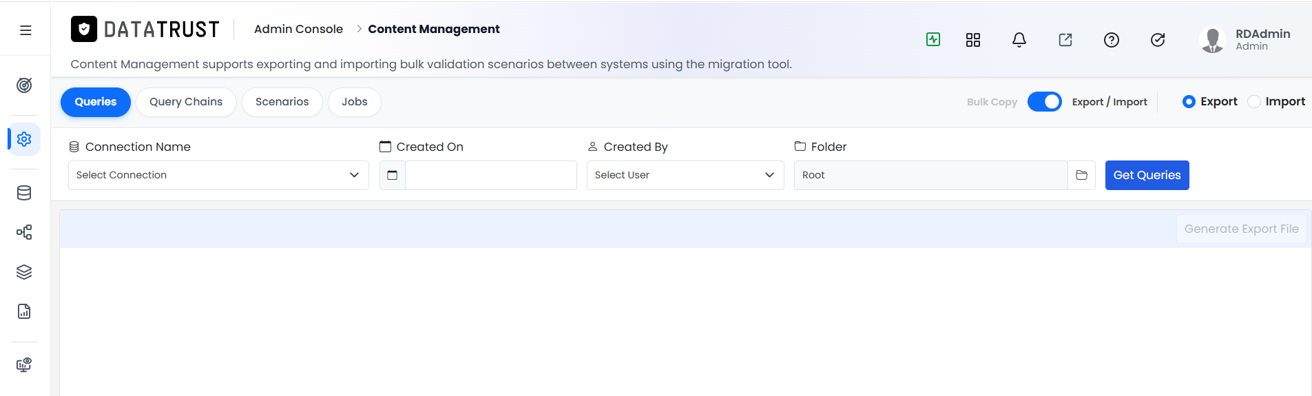 CMS on Queries tab — Export mode