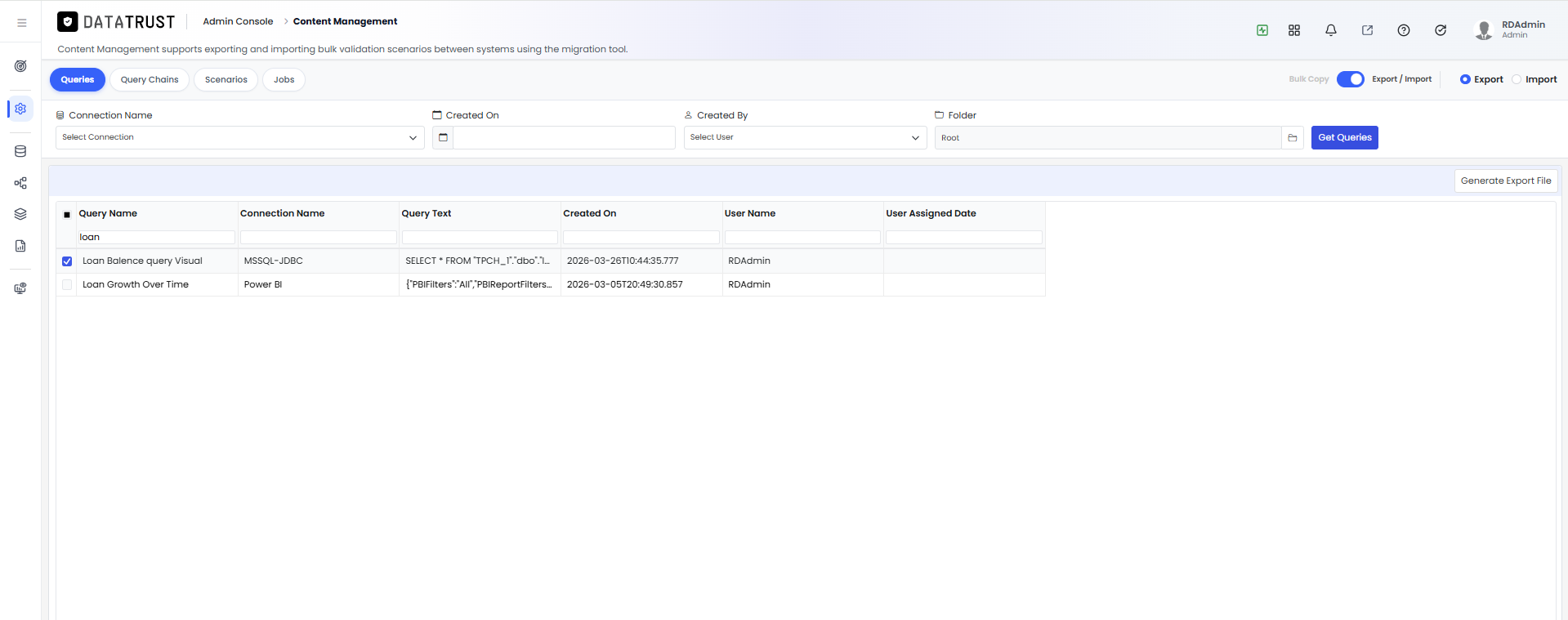 Query selected — Generate Export File