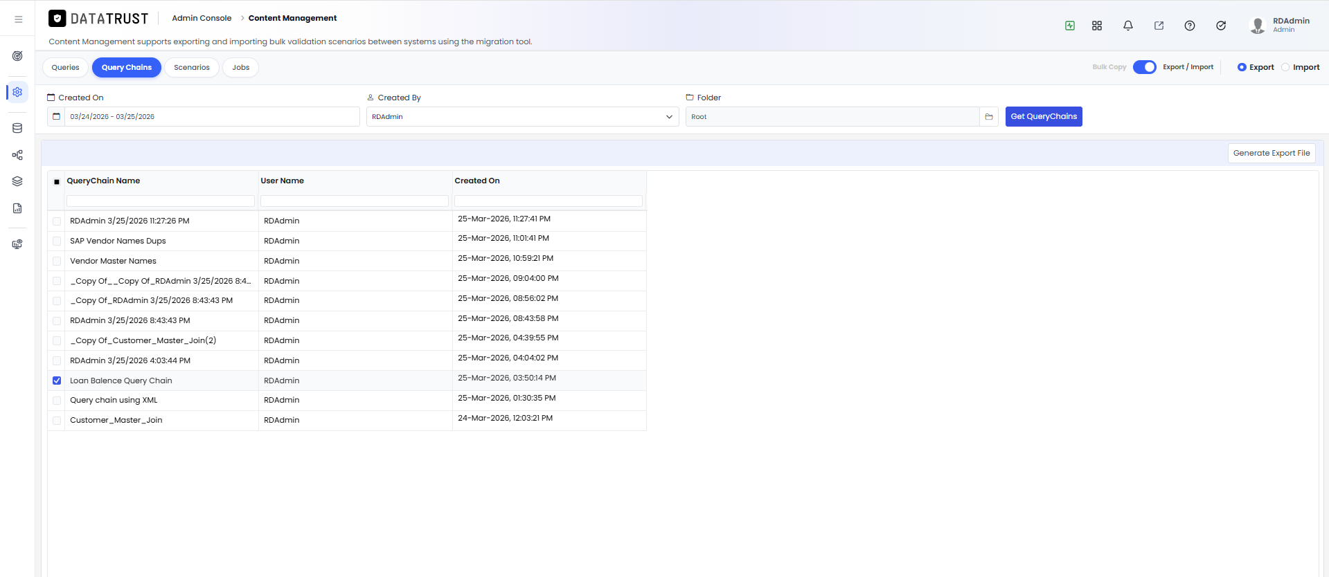 Query Chains tab selected