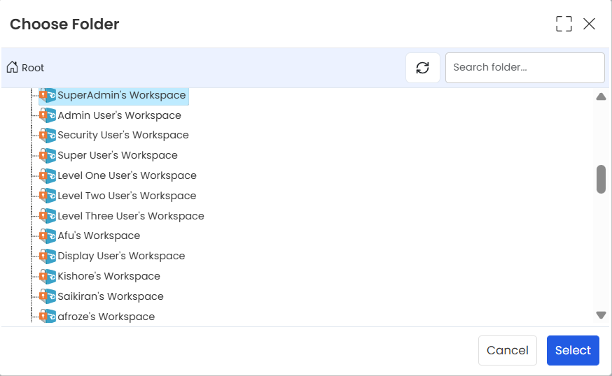 Choose Folder popup for scenarios