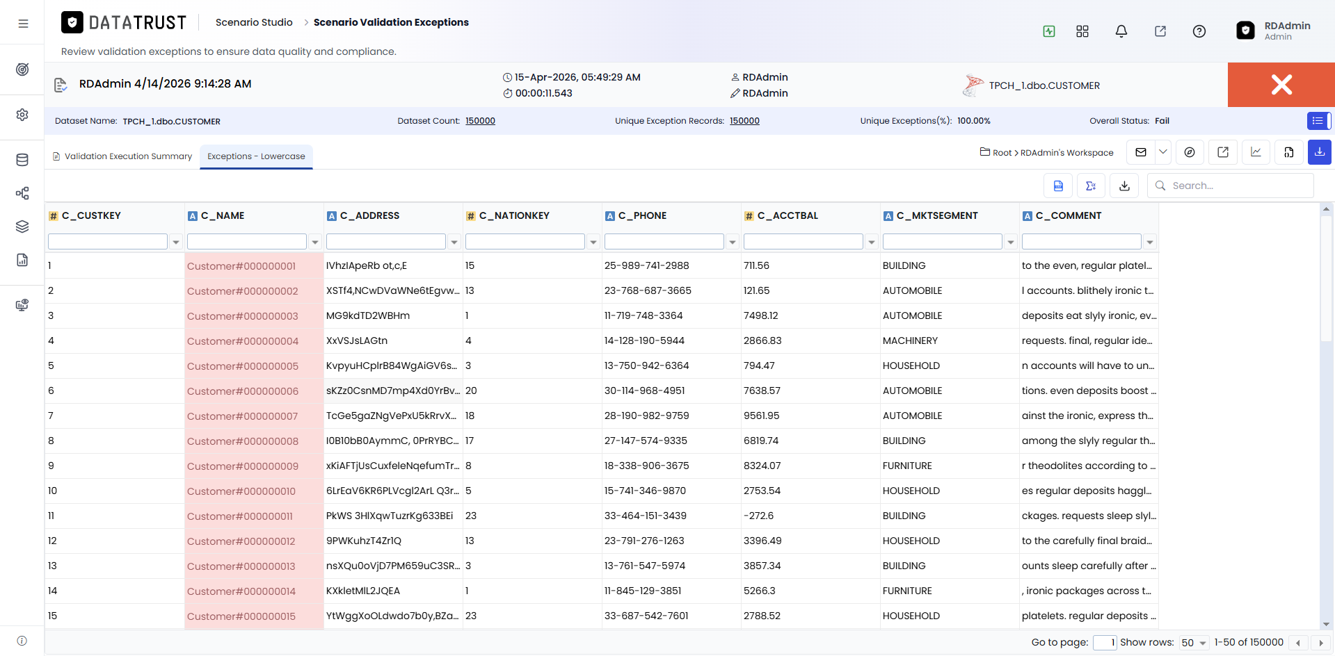 Validation Exception Report for one rule