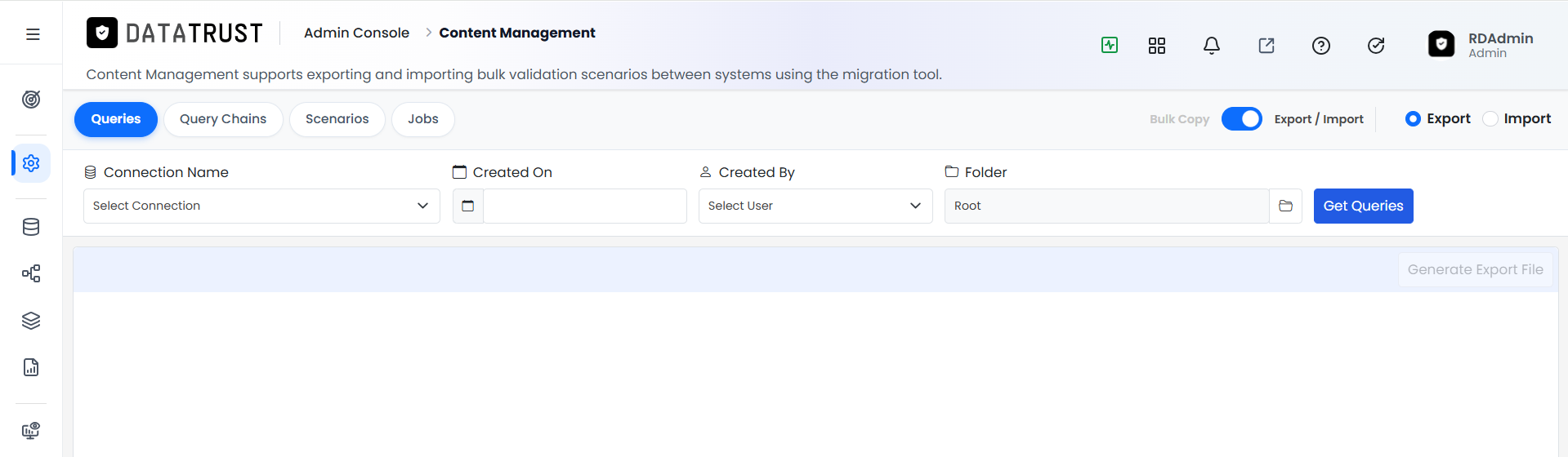 CMS page with Queries tab selected and Export/Import toggle