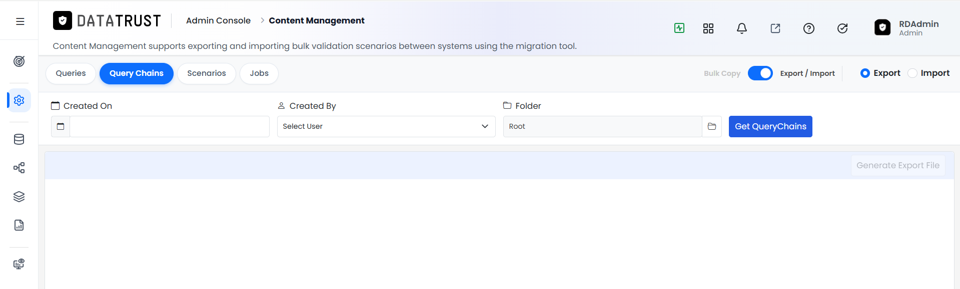 Tabs showing Query Chains, Scenarios, and Jobs options