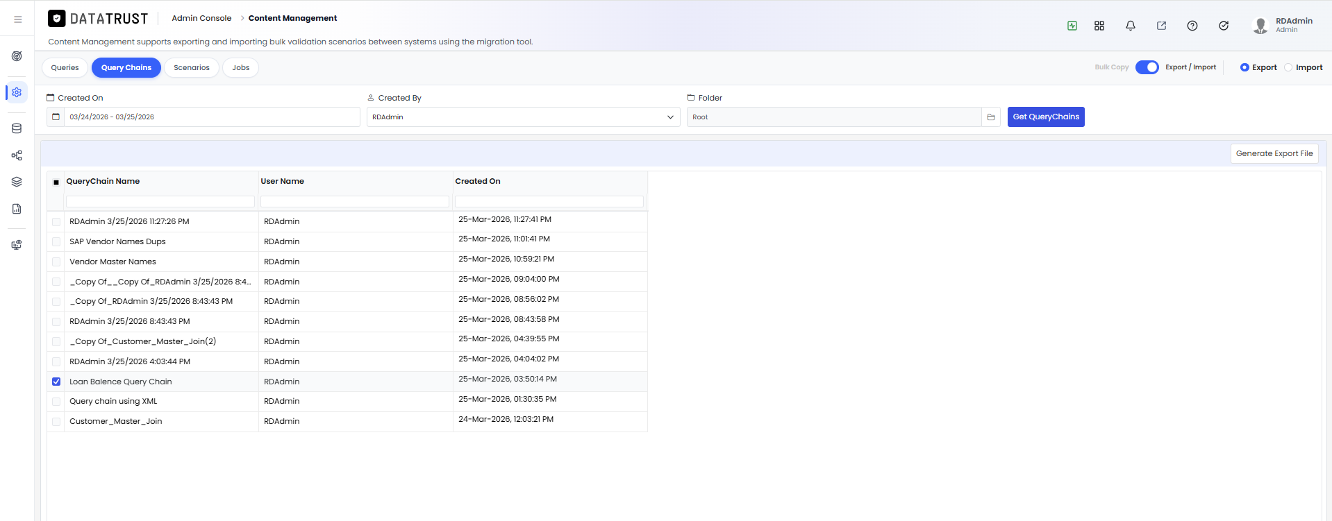 Query Chain selected for export