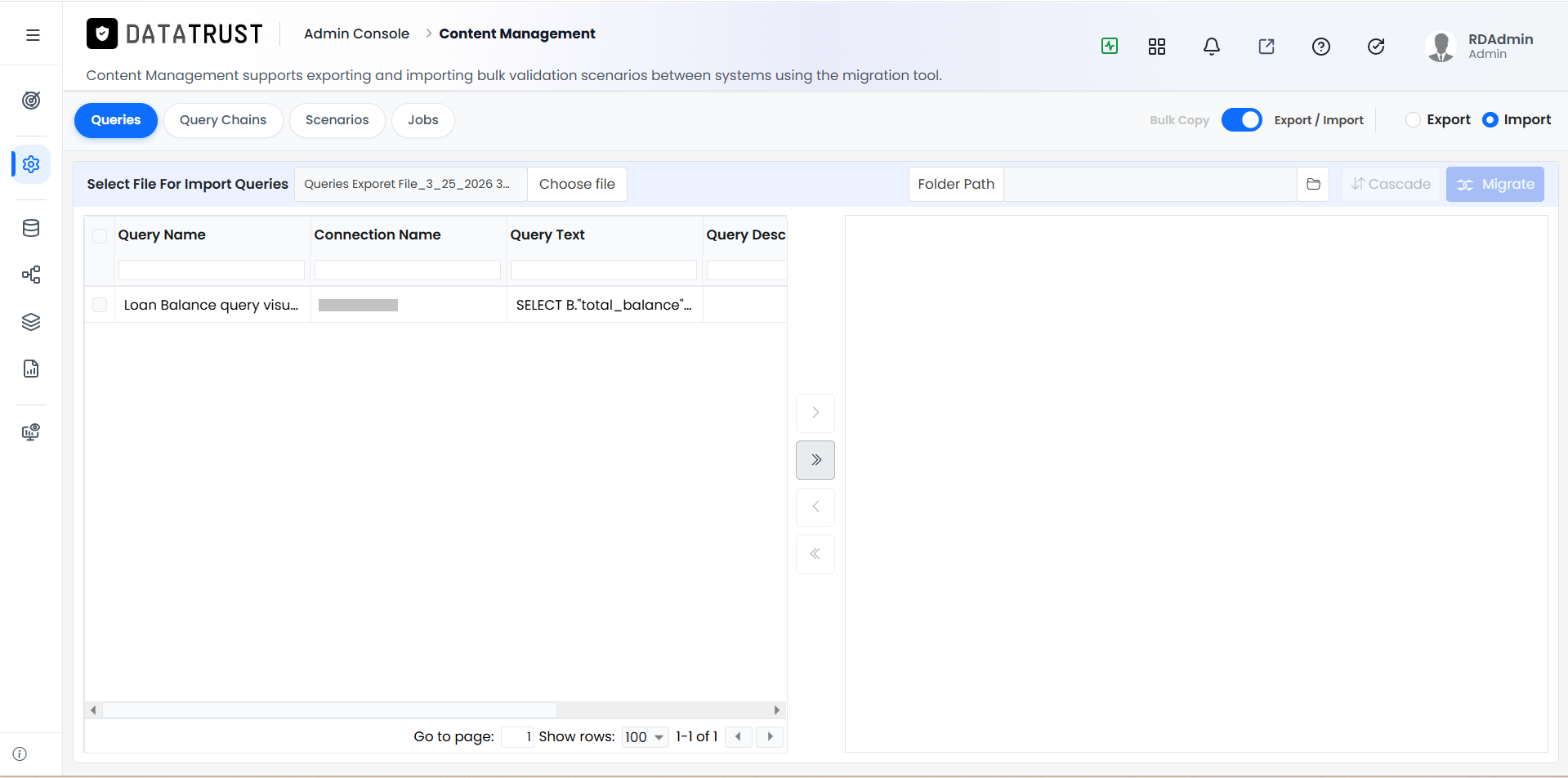 Import all button — moving all queries to right panel