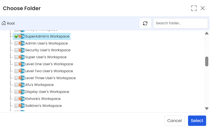 Choose Folder popup with workspace tree