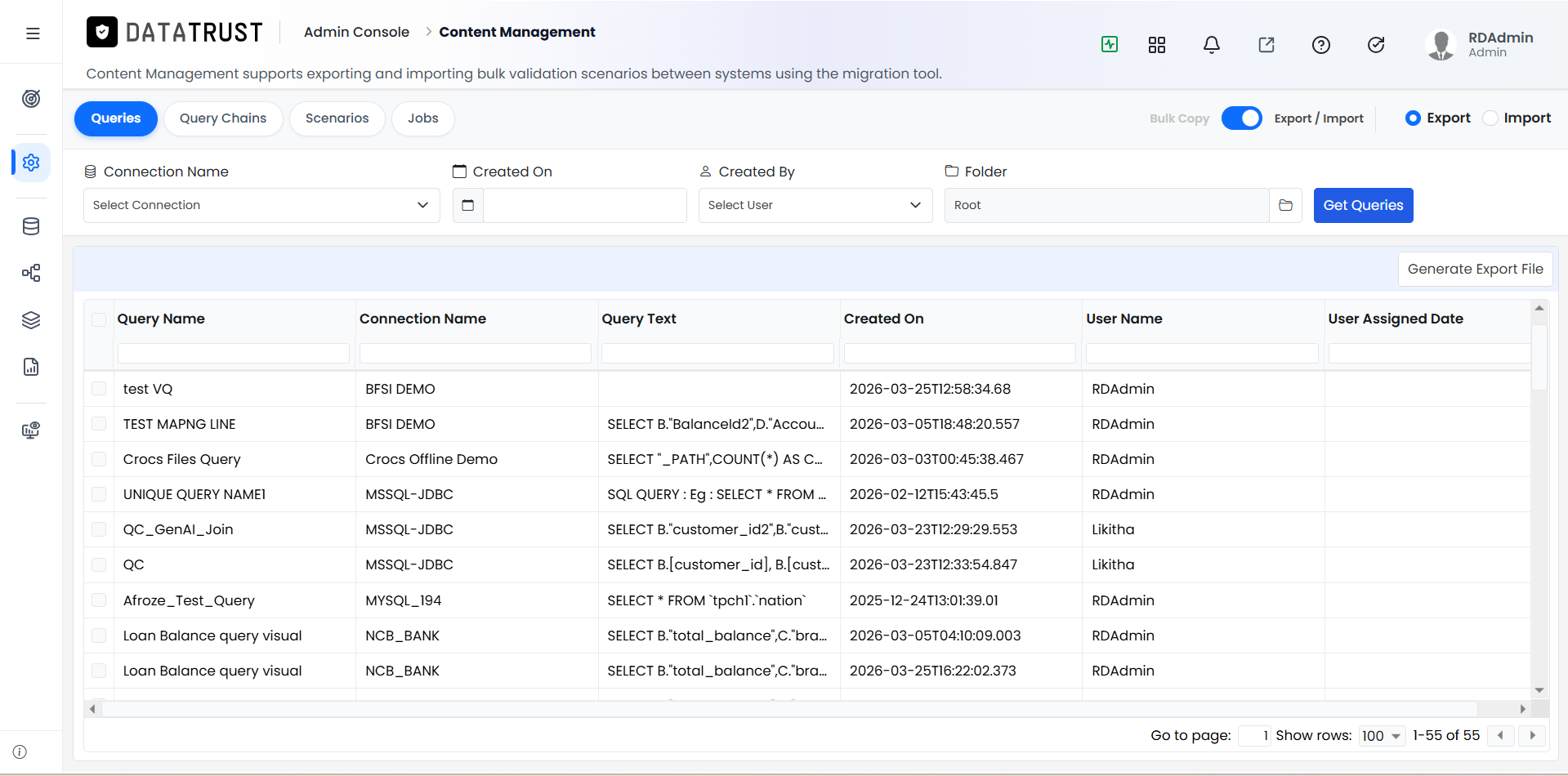CMS Queries list with Bulk Copy toggle