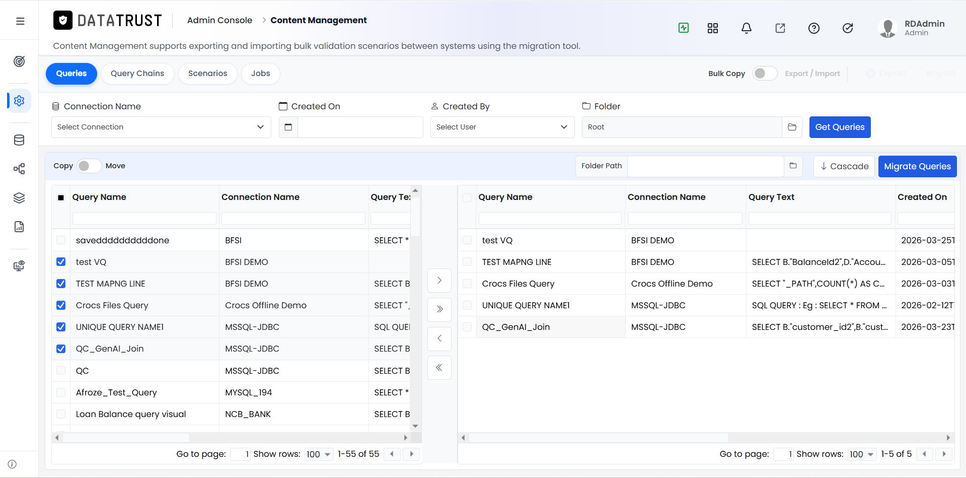 Required queries selected in the left panel — shuttle view