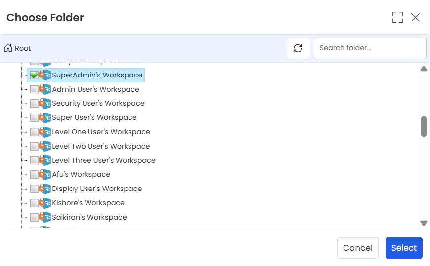 Choose Folder popup for bulk copy destination