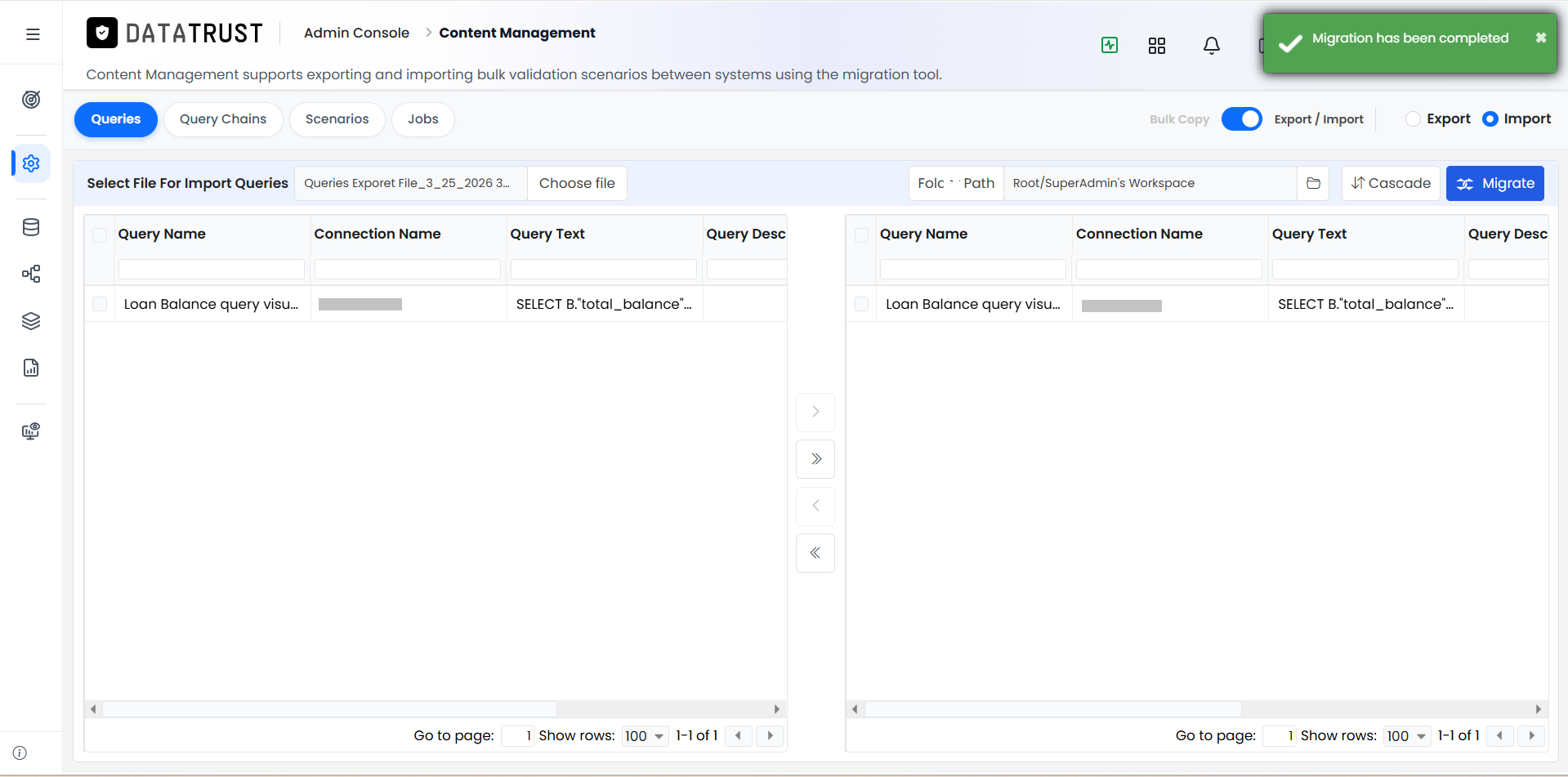 Migration successful message