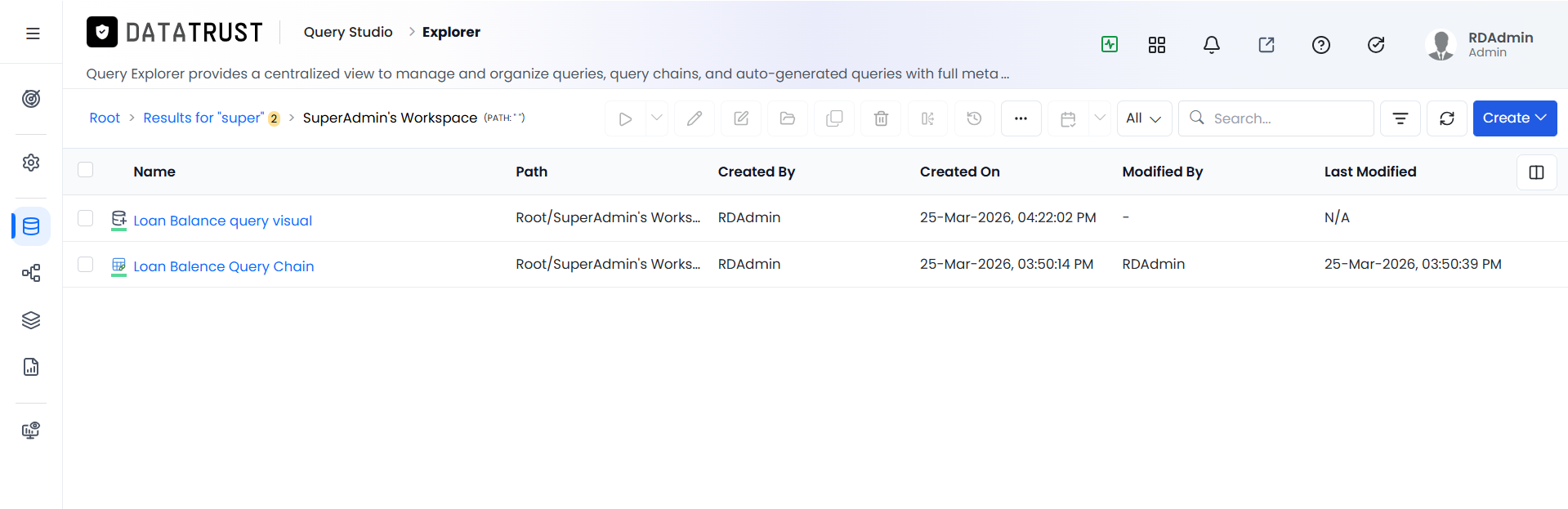Created Query and Access Chain in destination