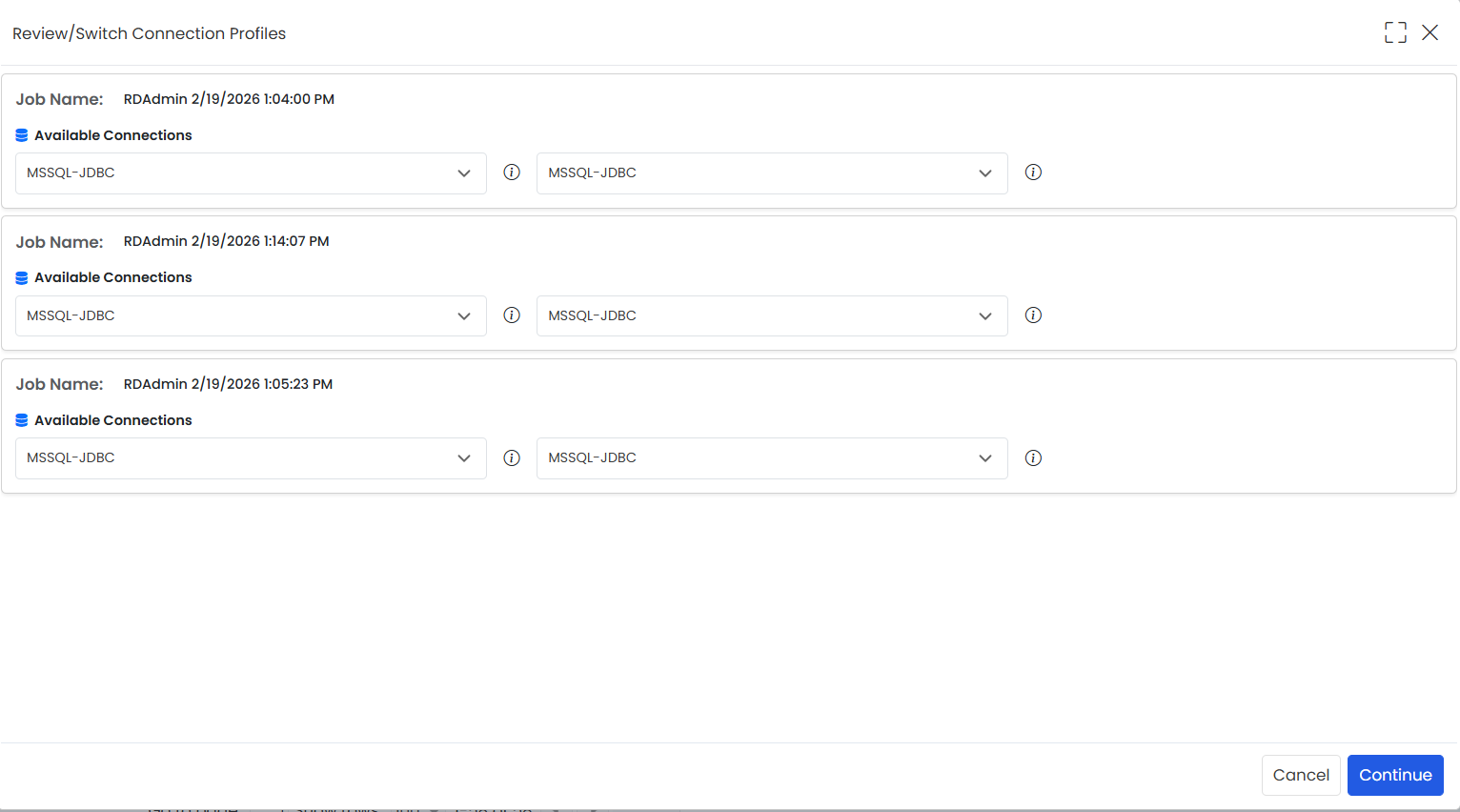 Review/Switch Connection Profiles popup for Jobs