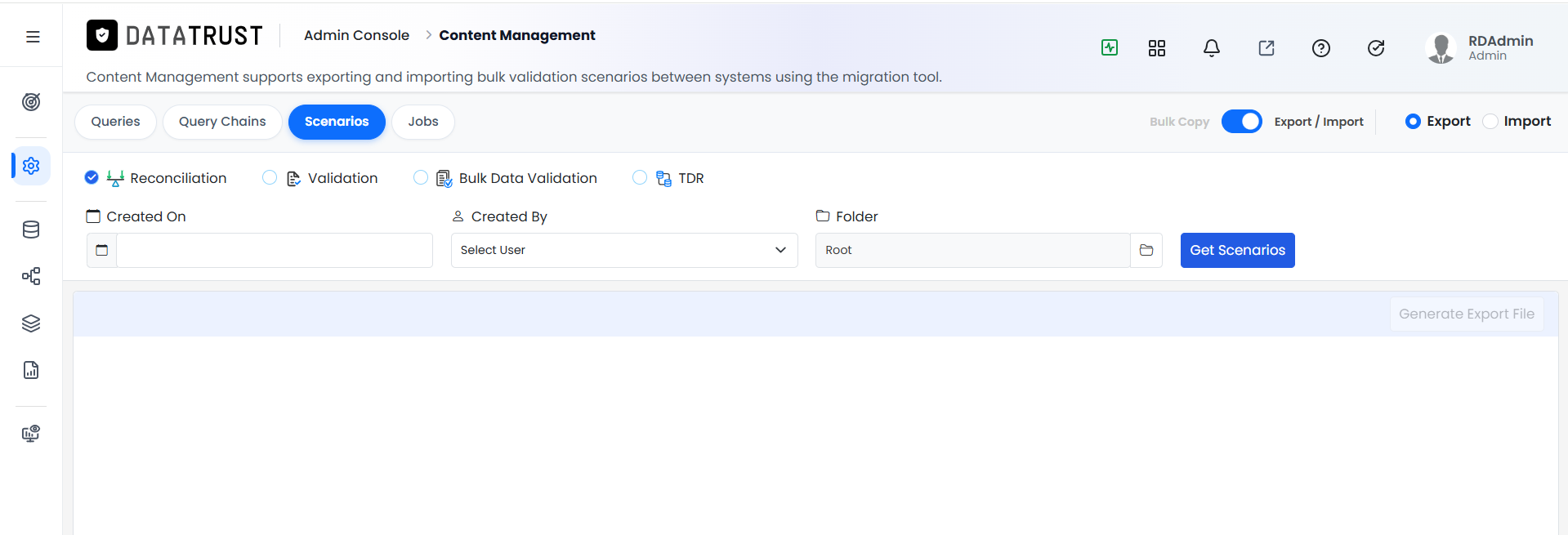 Scenarios tab with Created On filter and Get Scenarios