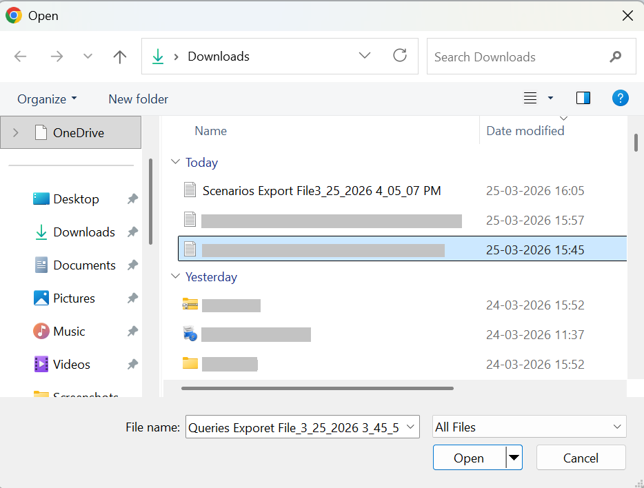 Open File popup to select queries export file