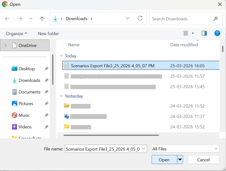 Open File popup for scenarios
