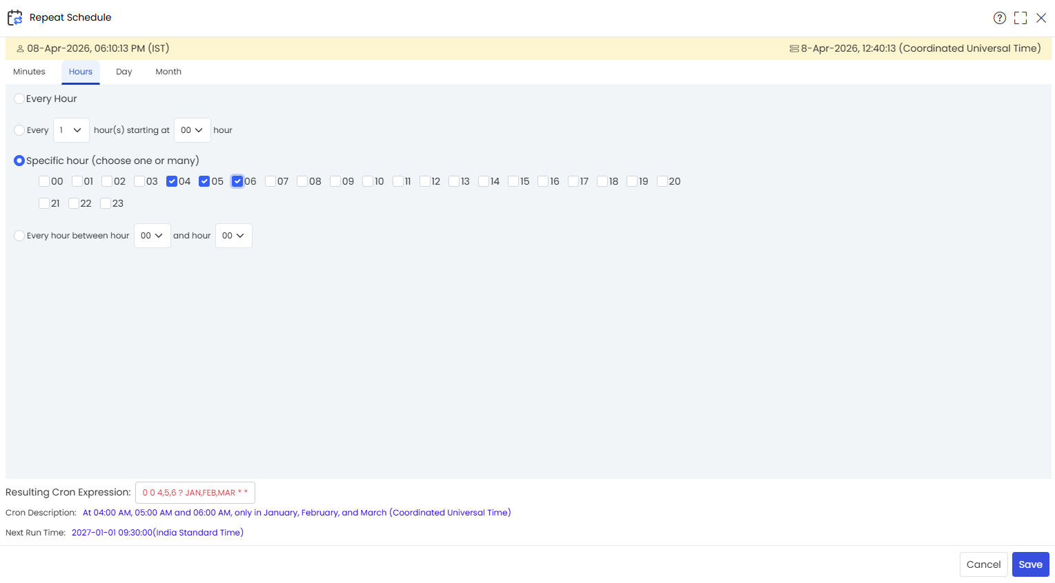 Repeat Schedule — Specific Hour Option