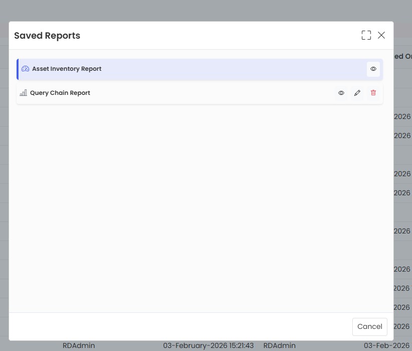 Saved Reports Pop-up