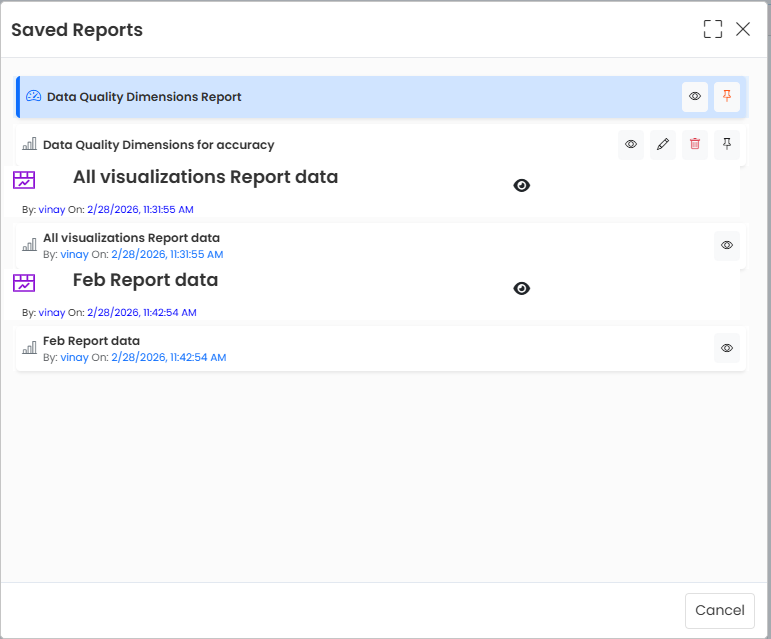 Saved Reports Panel — Custom Reports Listed