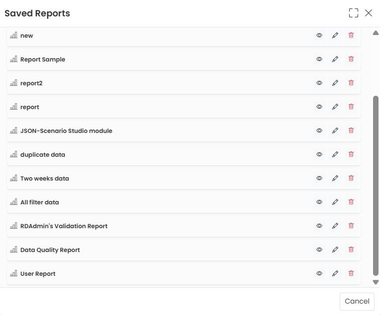 Saved Reports Pop-up