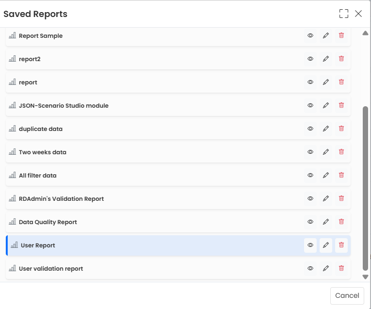Saved Reports — Full Panel with Multiple Reports
