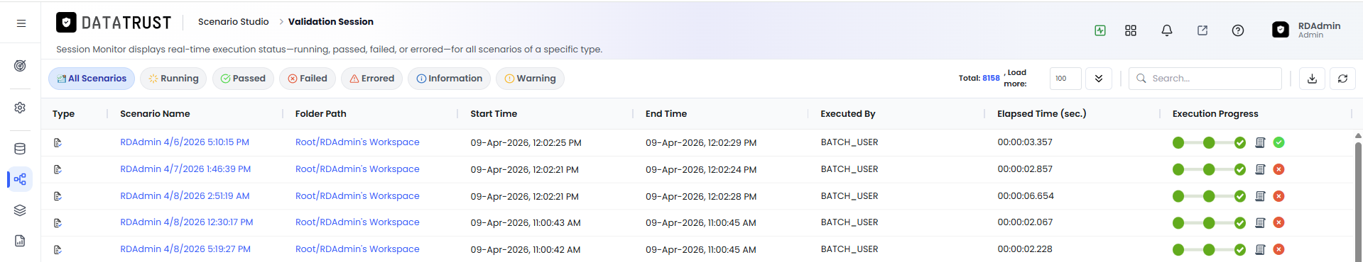 Validation Session Monitor — Refresh, Export to CSV, Search