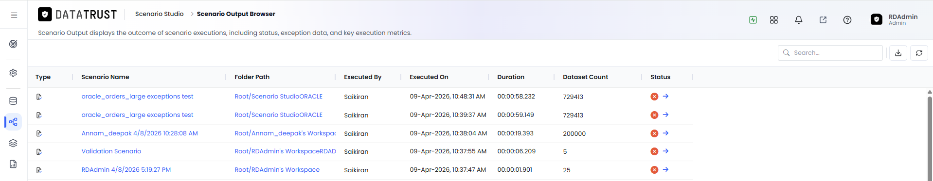 Validation Summary Page — Refresh, Export to CSV, Search