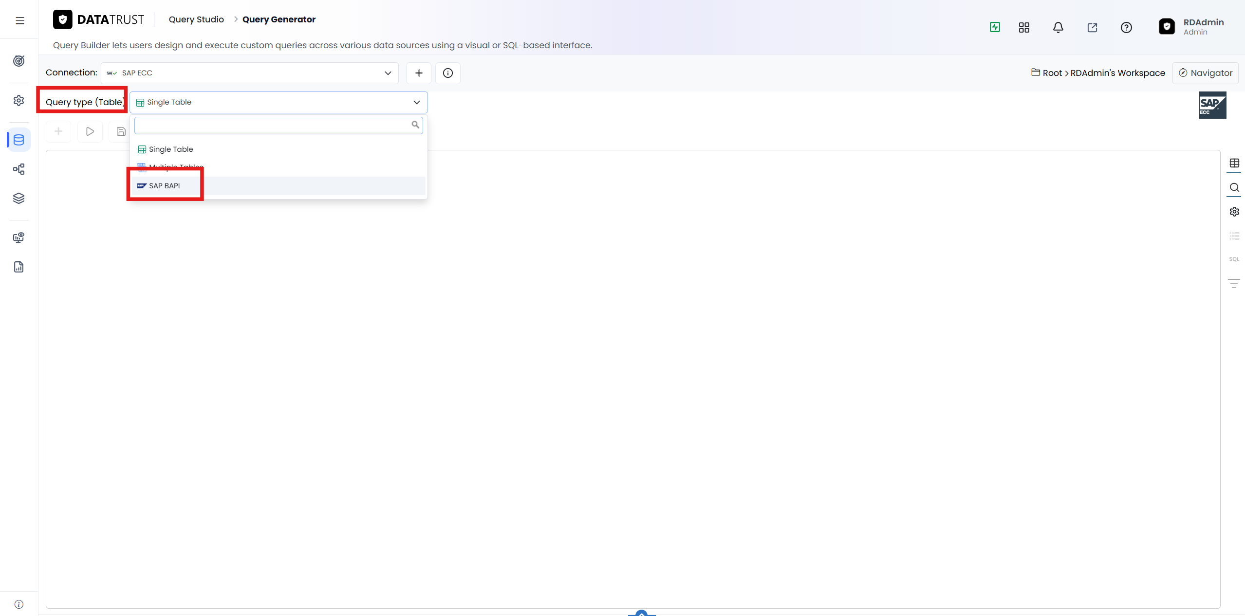 Setting the Query type to ‘SAP BAPI’ (instead of Single or Multiple Table).