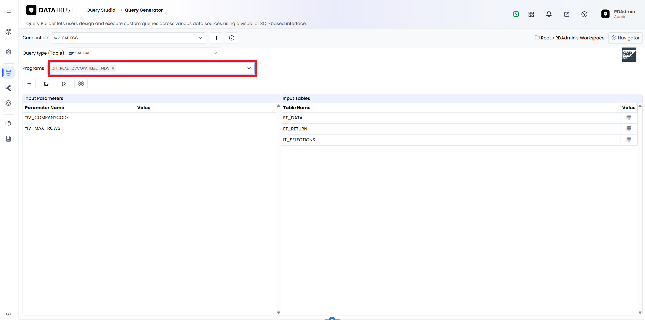 Selecting the BAPI program (ZFI_READ_ZVCOPAHELLO_NEW). Its Input Parameters (IV_COMPANYCODE, IV_MAX_ROWS) and Input Tabl