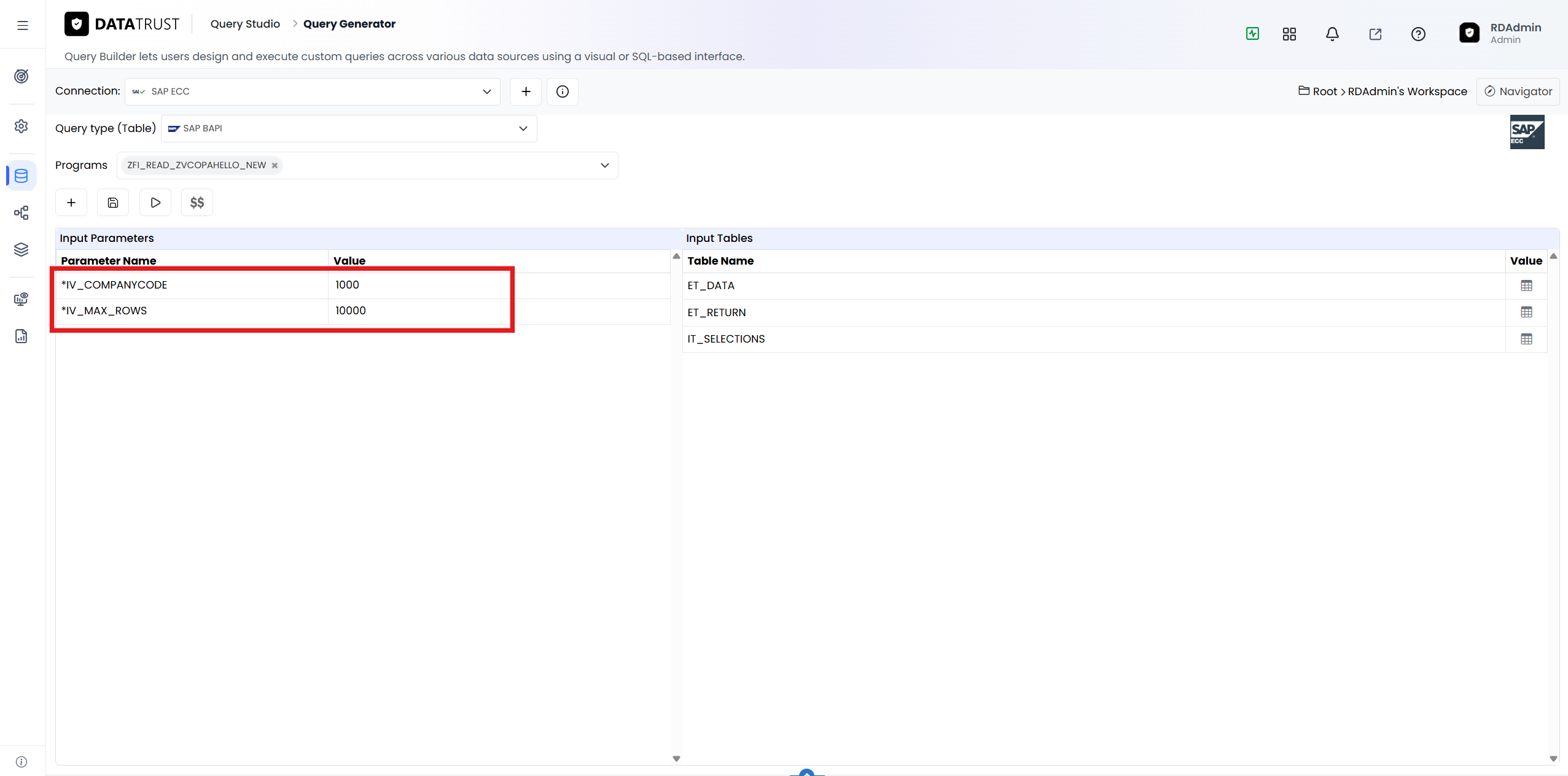 Entering the input parameter values — IV_COMPANYCODE = 1000 and IV_MAX_ROWS = 10000.