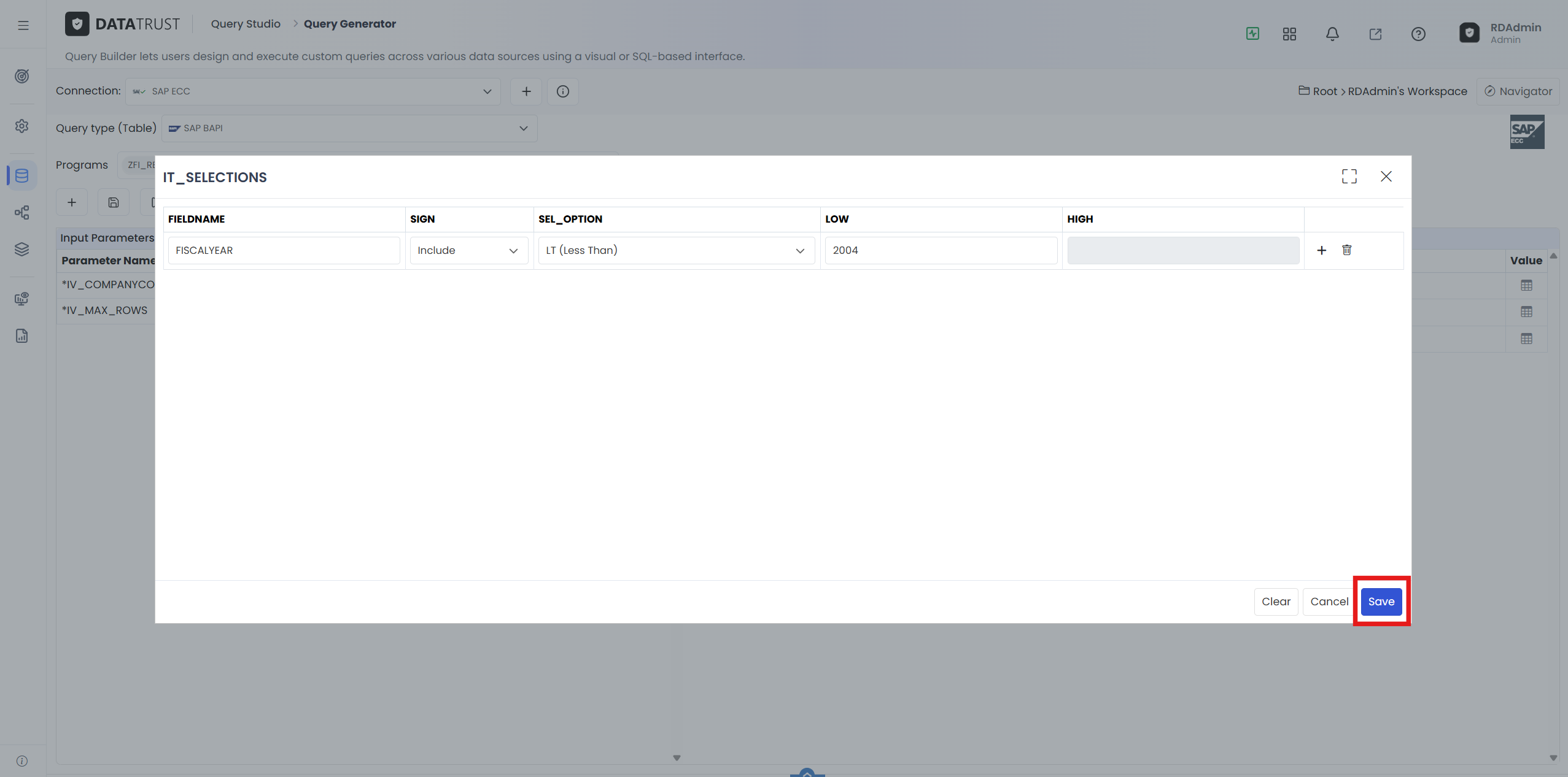 The IT_SELECTIONS editor — a criterion (FISCALYEAR, Include, LT ‘Less Than’ 2004) is added and saved.