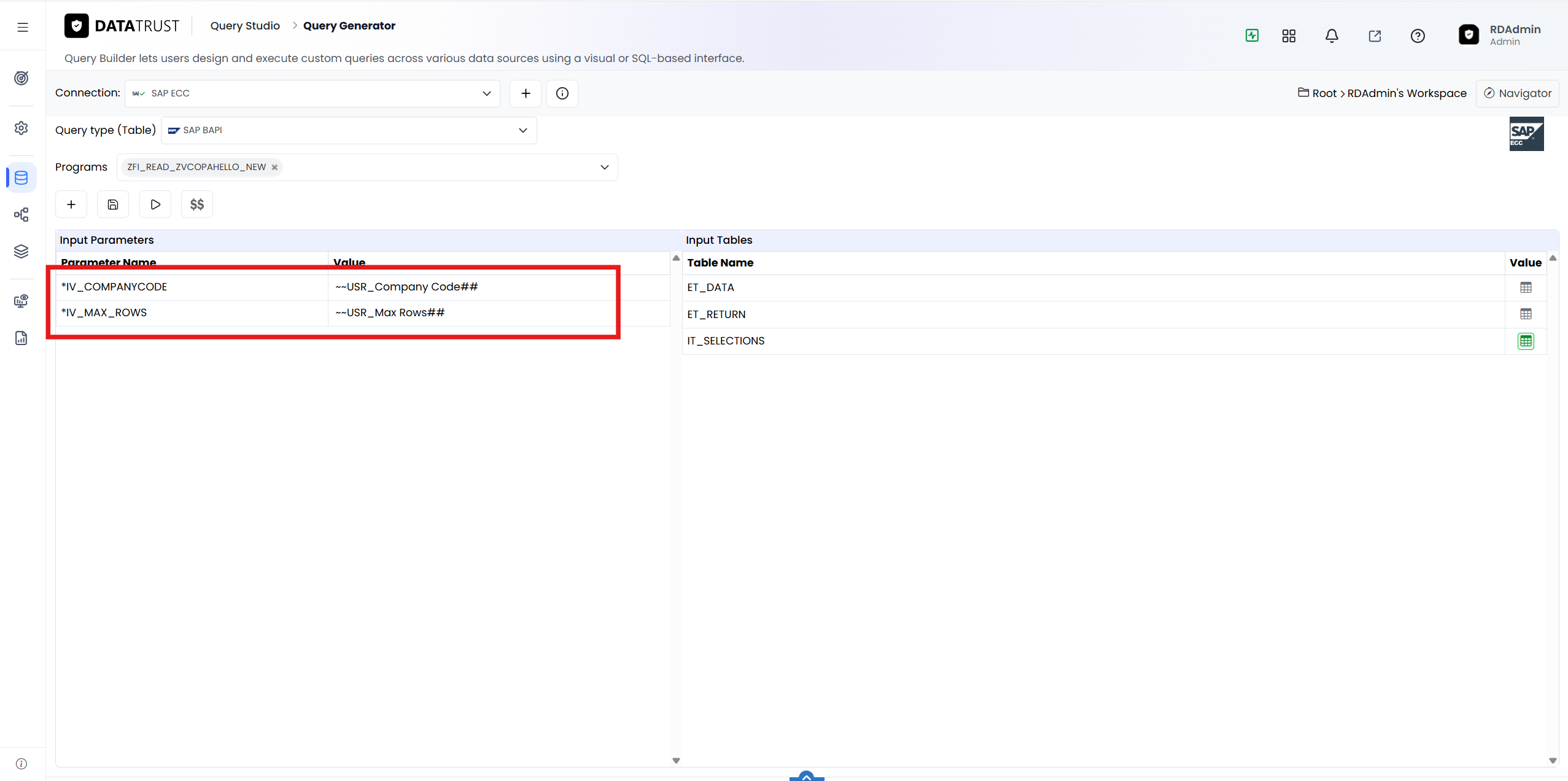 Replacing the fixed input values with RightData variables — IV_COMPANYCODE = ~~USR_Company Code## and IV_MAX_ROWS = ~~US