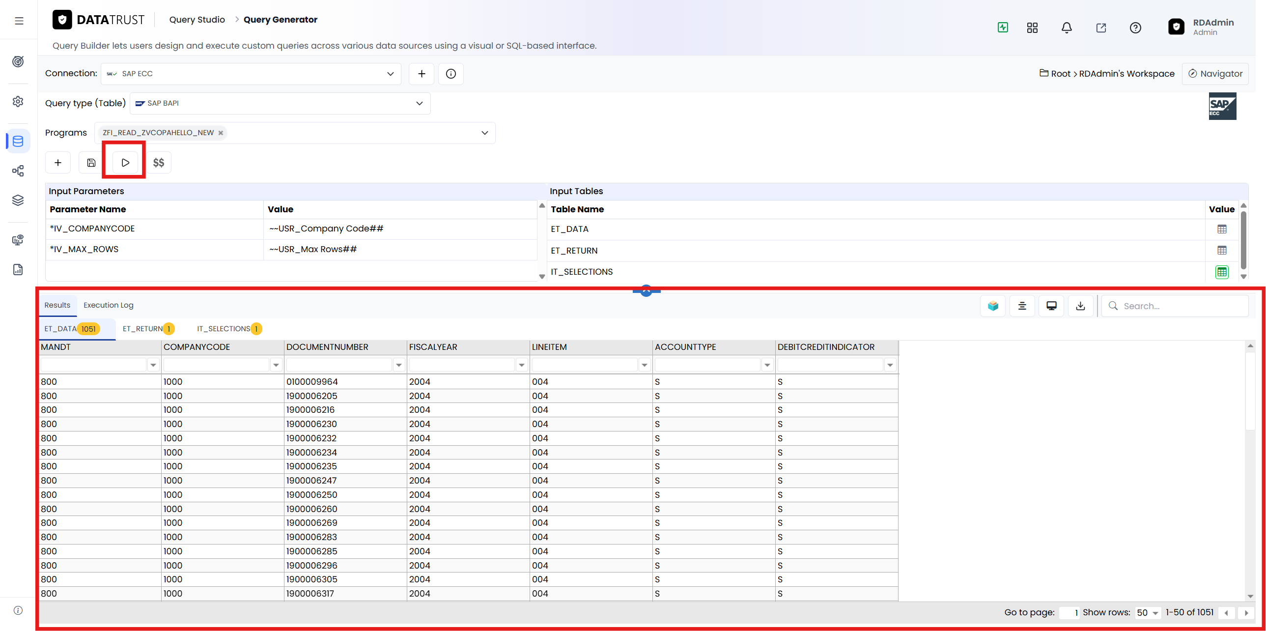 Executing the variable-based BAPI query; the Results return ET_DATA (1051 rows), resolved from the variable values at ru