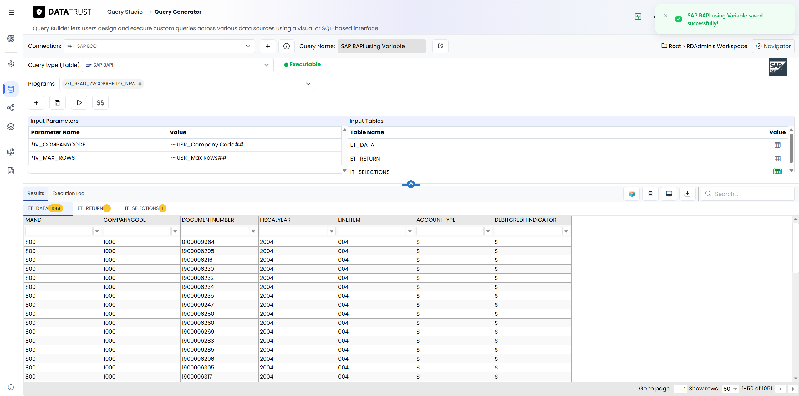 Saving the query as ‘SAP BAPI using Variable’; the confirmation toast confirms it saved successfully.