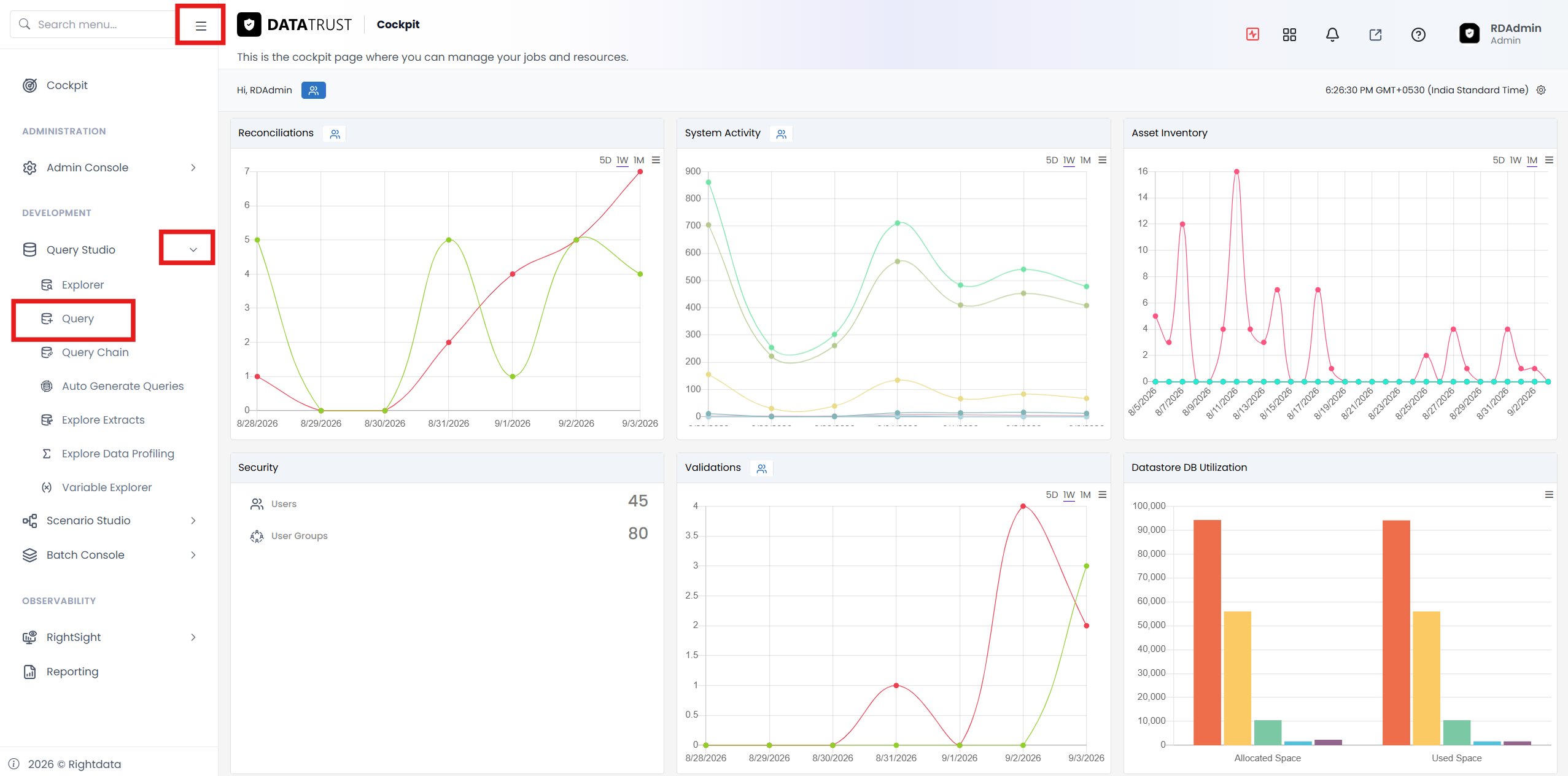 The navigation with Query Studio expanded and Query selected to open the Query Generator.