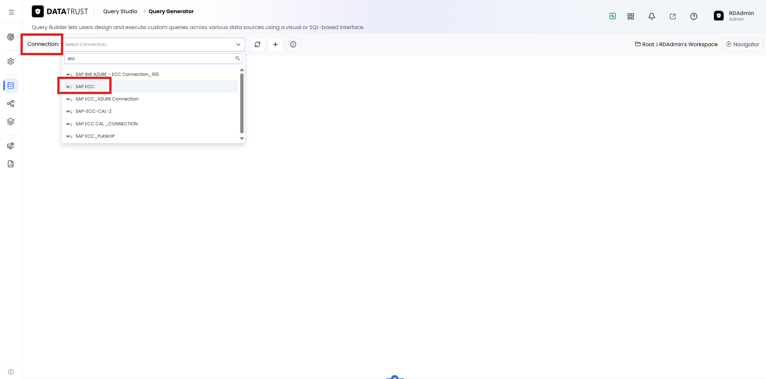 Searching for and selecting the ‘SAP ECC’ connection from the Connection drop-down.